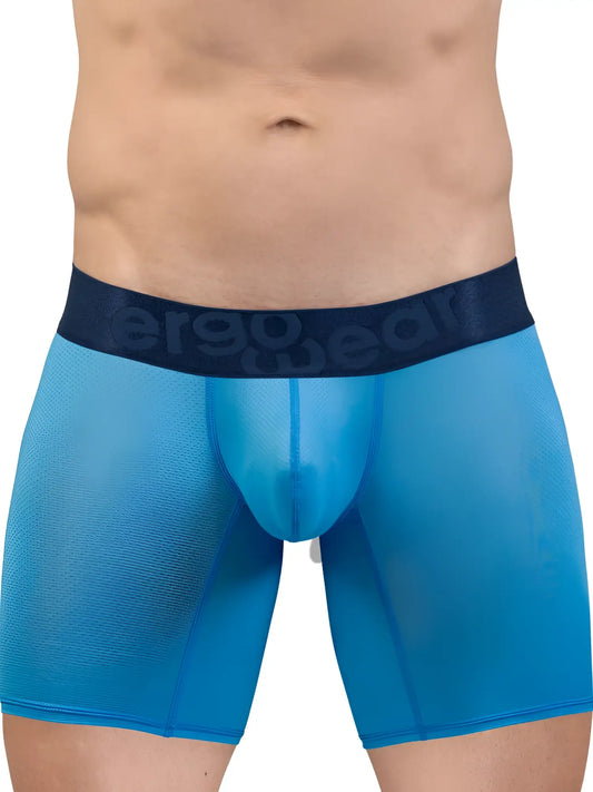 Blue sheer ergoWear EW1823 MAX BOLD SE boxer briefs with dark blue aerogear waistband in river blue color