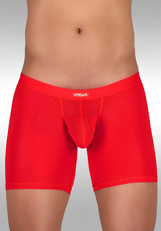 Red mesh ergowear slk midcut long boxer briefs with solid red waistband and logo in size m