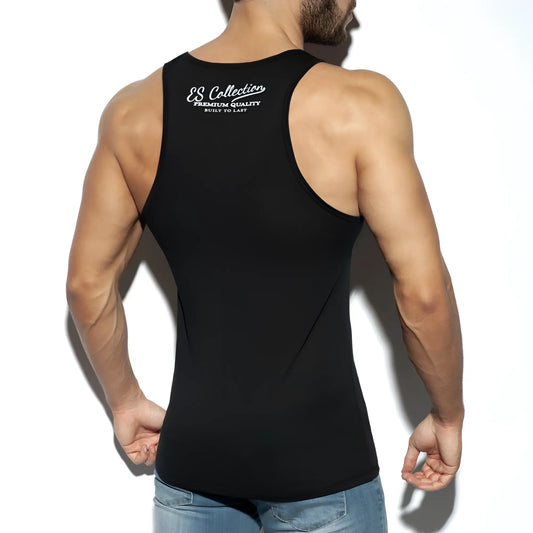 Back view of black es collection basic tank top with white embroidered branding on the back