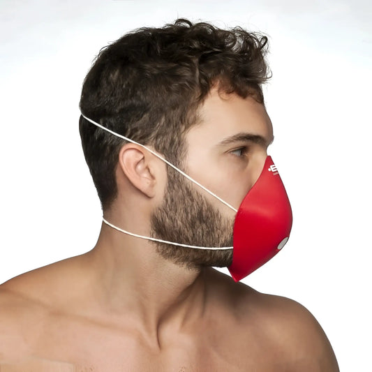 Red face mask with white elastic straps from ES Collection Mask Up in size one size for protective use