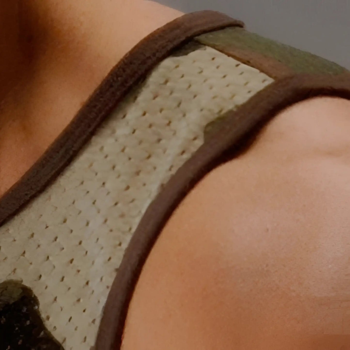 Brown and beige perforated mesh sports bra strap with reinforced edge trim on es collection open lycra sleeveless t shirt camouflage 260 size s back