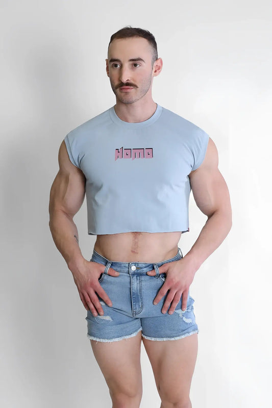 Light blue sleeveless muscle-fit cropped t-shirt with pink homo graphic printed on the chest