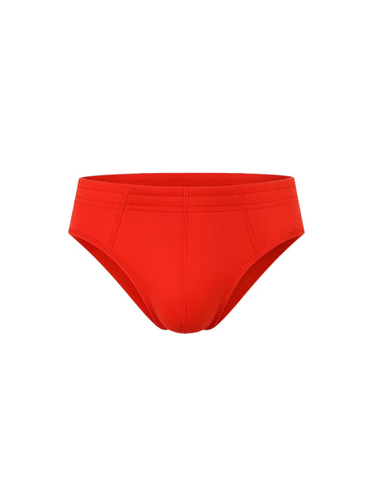 Essential cotton brief bright red form-fitting swim trunks with smooth elastic waistband and subtle seam detailing