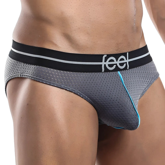 Feel FEI002 bikini brief in gray mesh with black waistband featuring feel logo and light blue side stitching