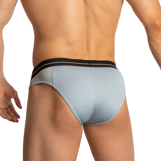 Light blue Feel FEI023 bikini brief with black waistband and mesh side panel for athletic use