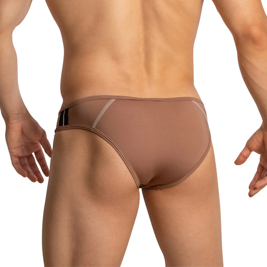 Tan men’s briefs feel fei024 bkini brief with black and white striped waistband accent for comfortable wear