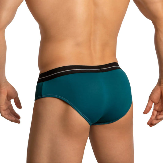 Feel fei025 bikini brief in teal with a black waistband featuring two thin white stripes for comfortable wear