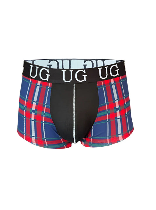 Festive Comfort men’s cotton trunk in blue red and white plaid with black panel and ug branded waistband