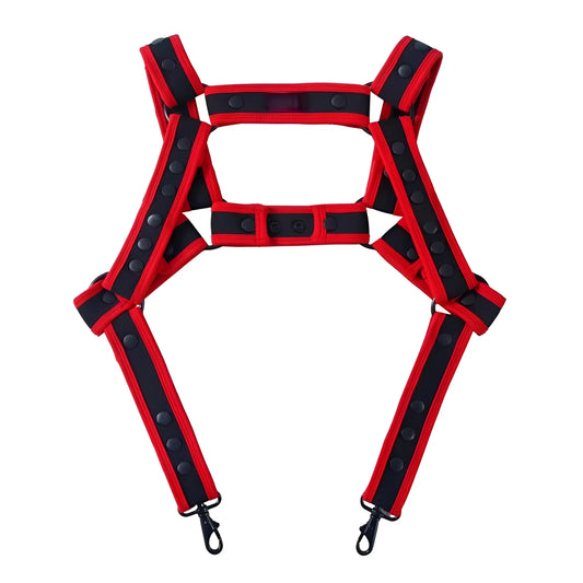 Red and black reflective Fizx harness with adjustable straps and metal hooks for safety and secure support