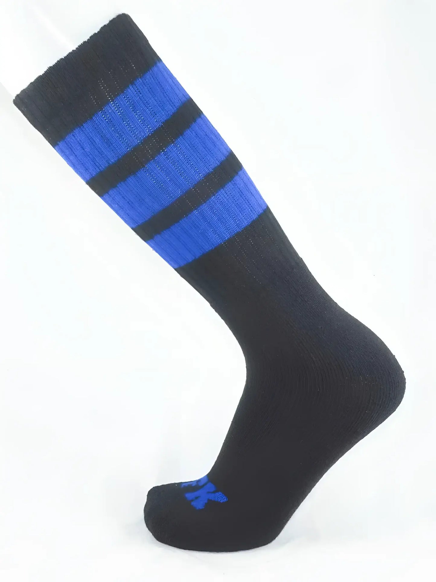 Fk sport black tube sock with two bold blue stripes near the top and a small blue logo on the toe