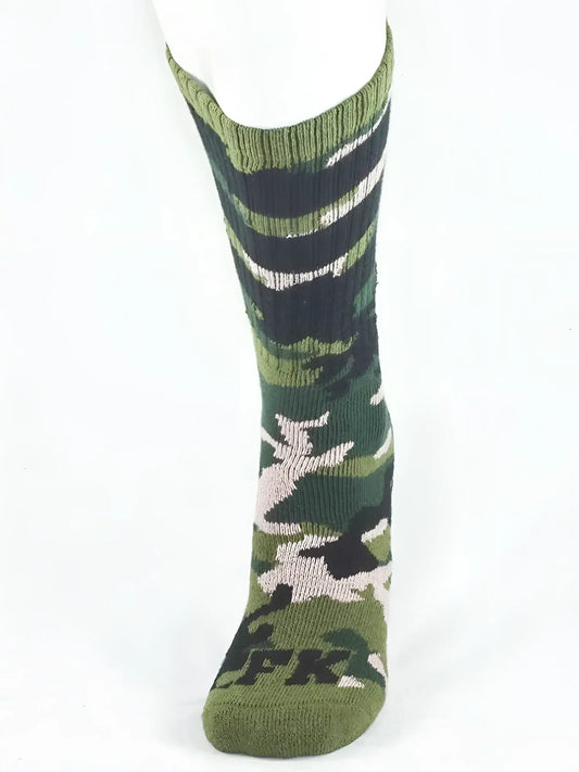 Fk sport camo sock in green camouflage with black and white stripes and fk logo on the foot