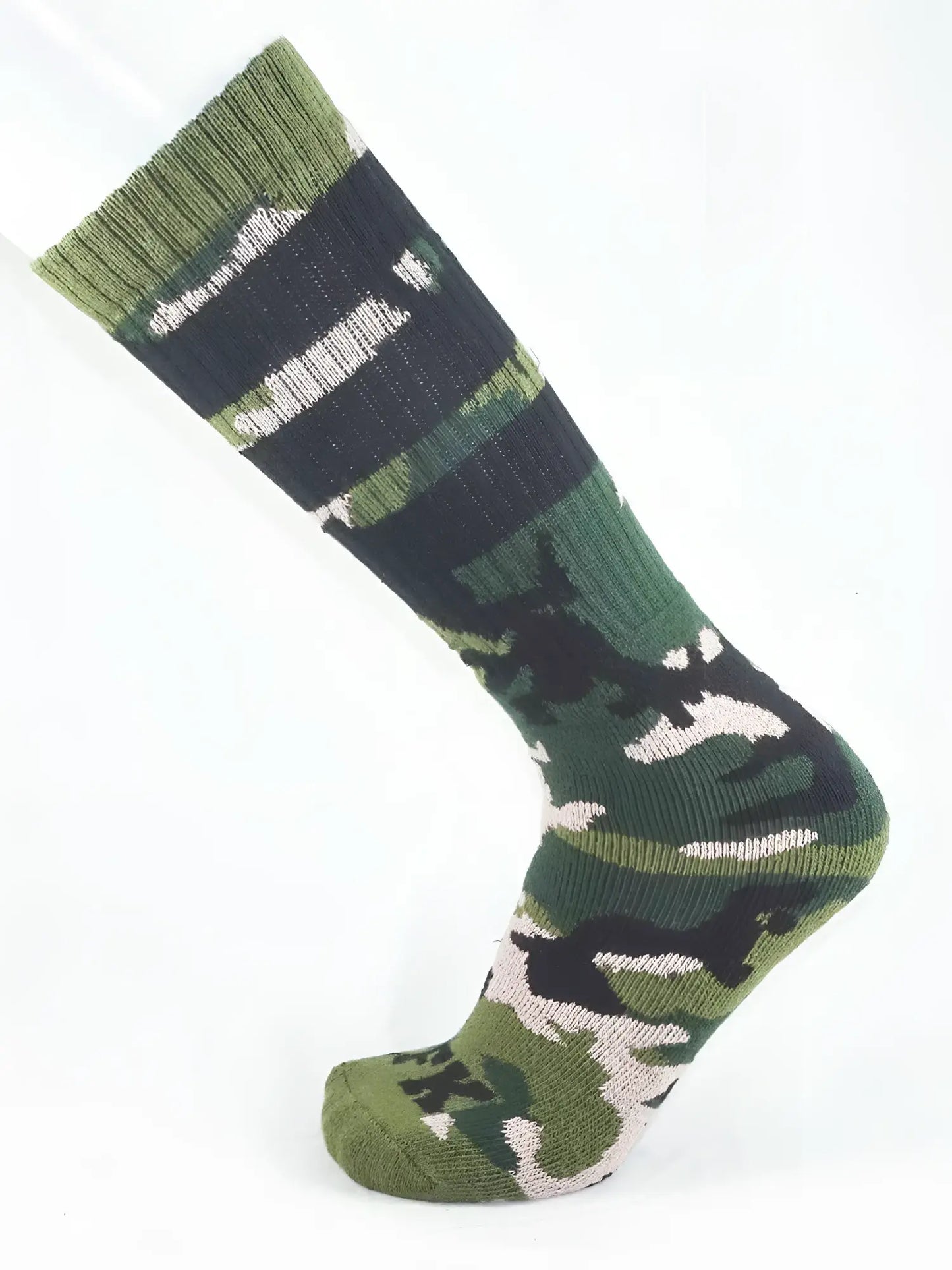 Fk sport camo sock knitted camouflage sock in green black and beige with ribbed cuff for outdoor use