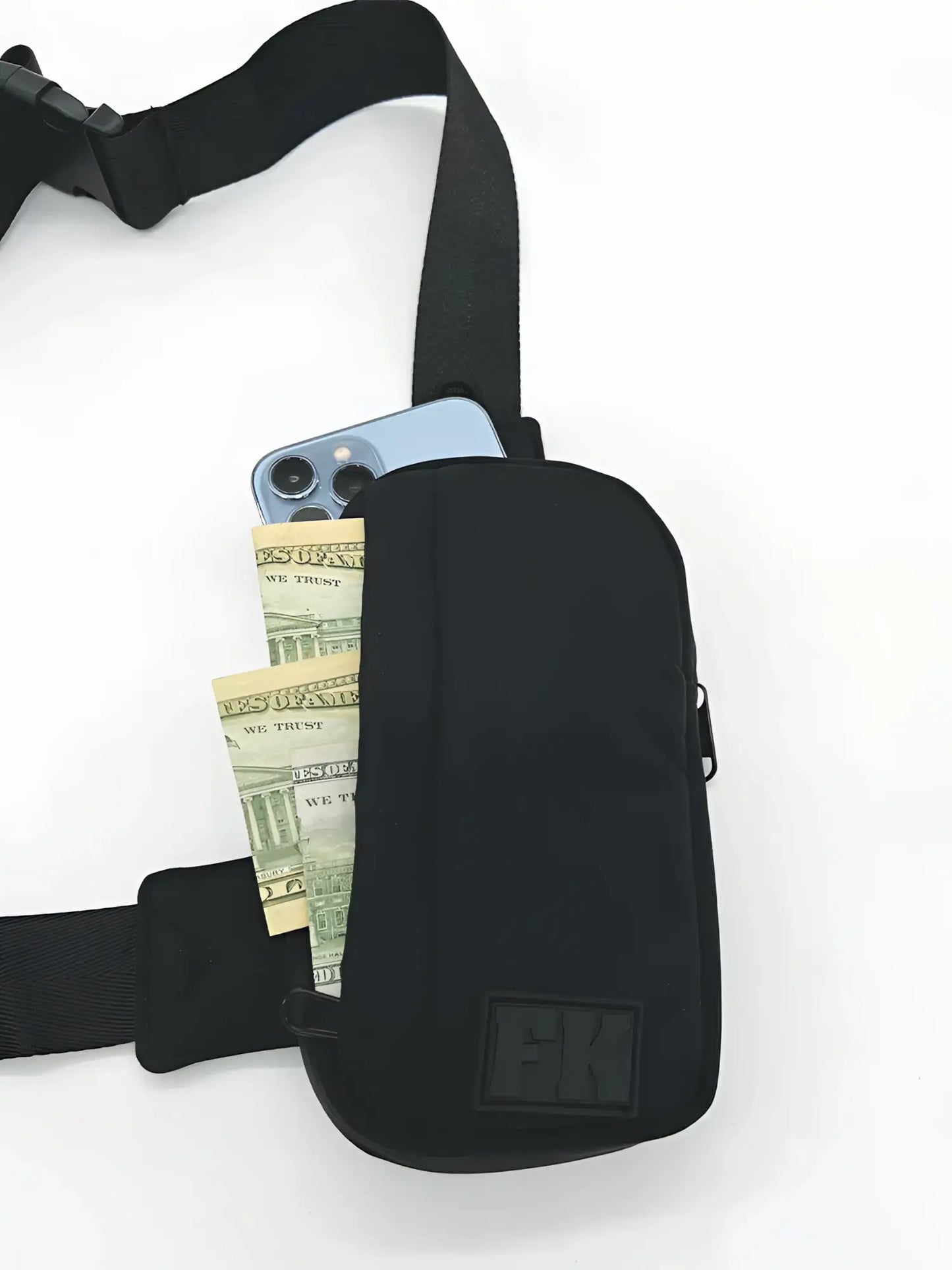 Fk sport cross body bag black nylon waist pouch with adjustable strap and front zipper pocket for hands-free carry