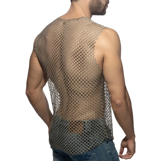 Flamboyant tank top metallic mesh with diamond pattern and subtle sheen for stylish casual wear