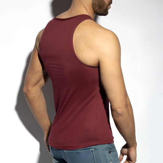 A maroon flame tank top sleeveless with a simple round neckline and ribbed hem for casual wear
