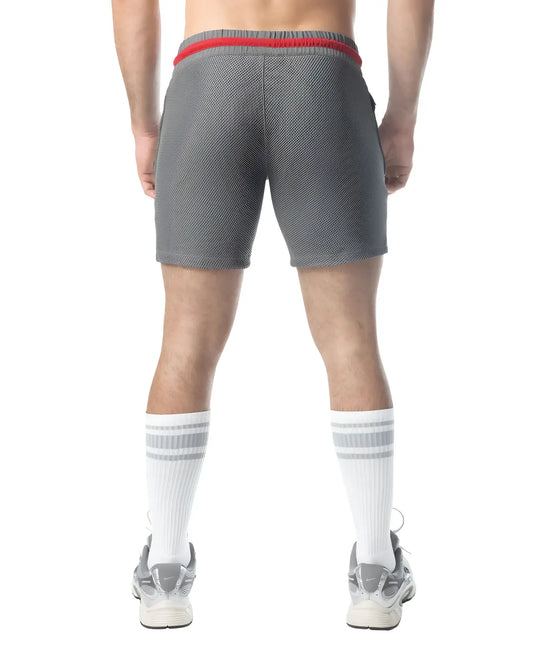 Flex rugby short gray mesh athletic shorts with red elastic waistband for comfortable sportswear