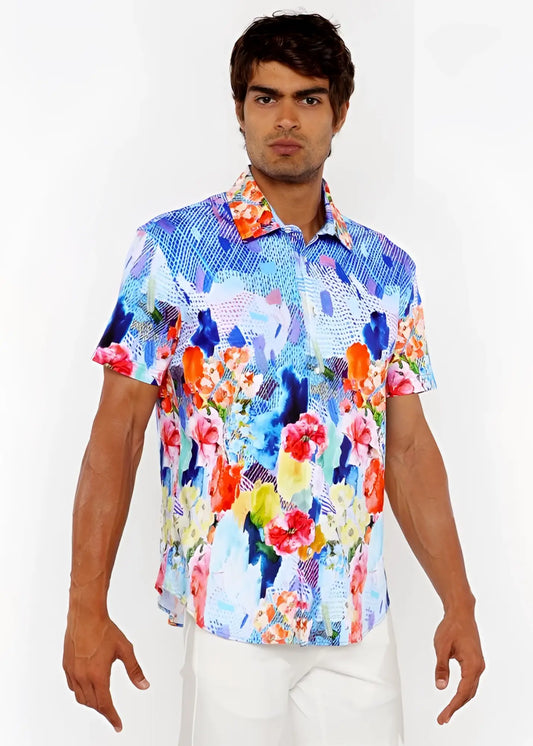 Vibrant floral abstract short-sleeved woven modal border shirt in blue pink orange and yellow on a light background