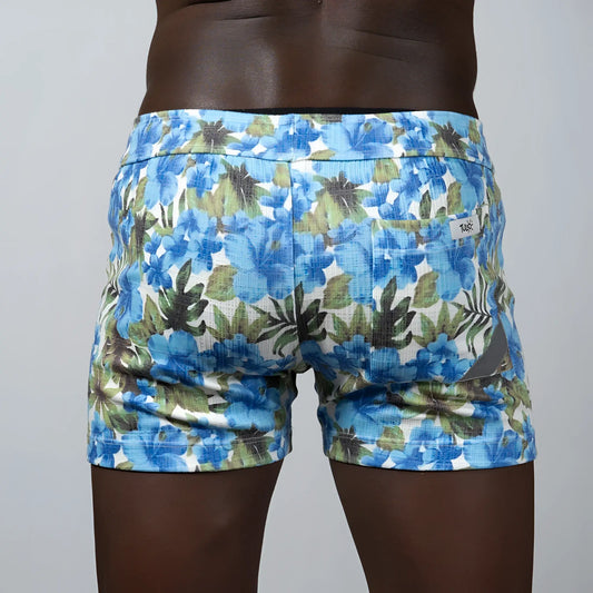 Blue and green floral print linen texture shorts with a textured fabric perfect for casual summer wear