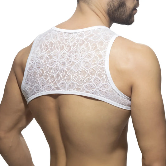 White floral lace harness tank top featuring delicate lace material and floral design for stylish layering