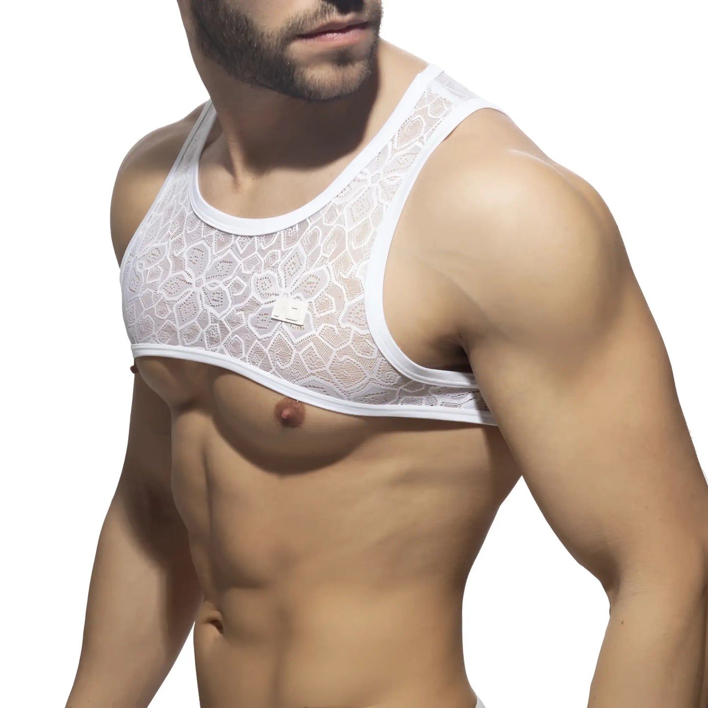 White lace tank top with floral pattern and thin straps from flowery lace harness collection