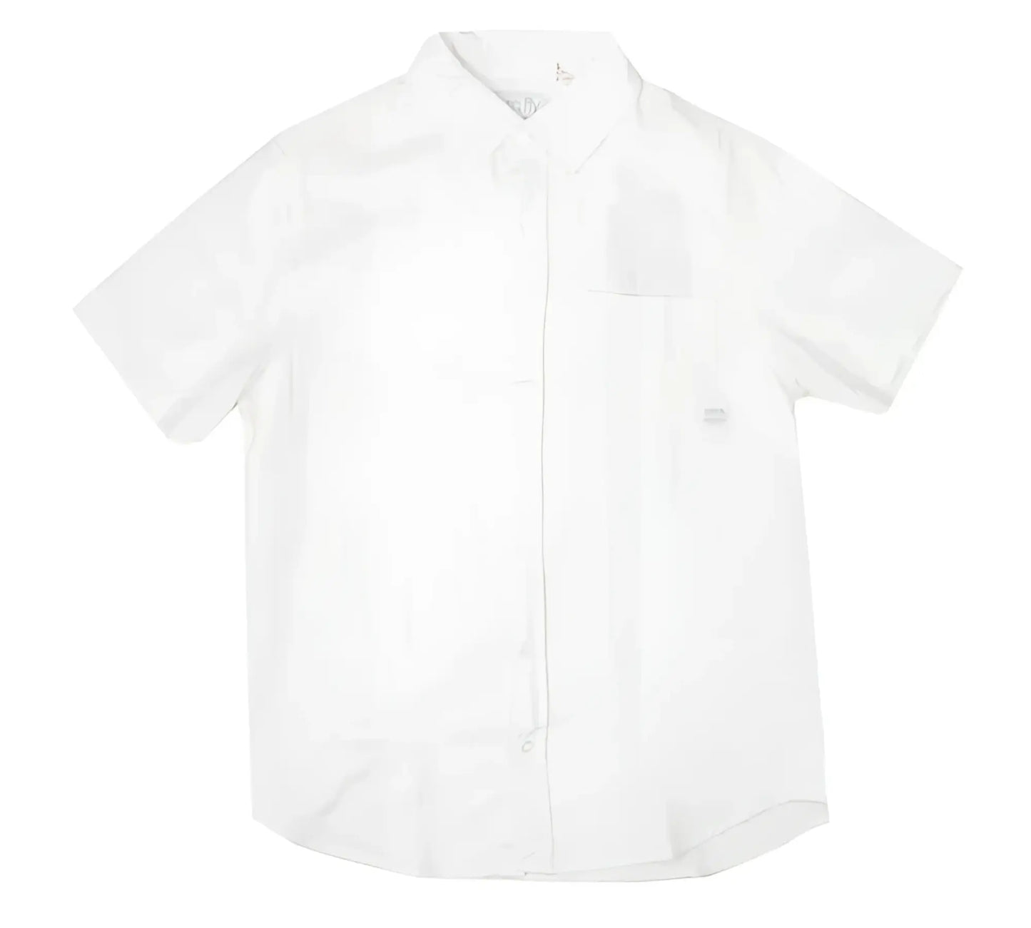 A crisp white fly linen shirt with short sleeves classic collar and subtle texture perfect for warm weather