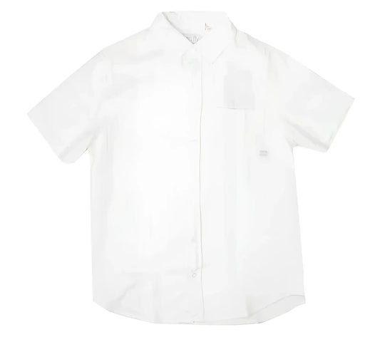 A crisp white fly linen shirt with short sleeves classic collar and subtle texture perfect for warm weather