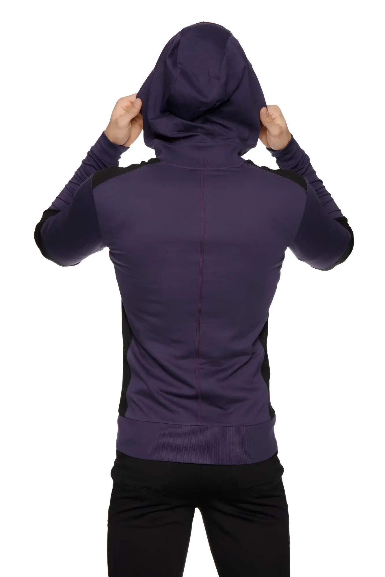 Form-fit crossover yoga track performance hoodie in dark purple and black with a sleek athletic design