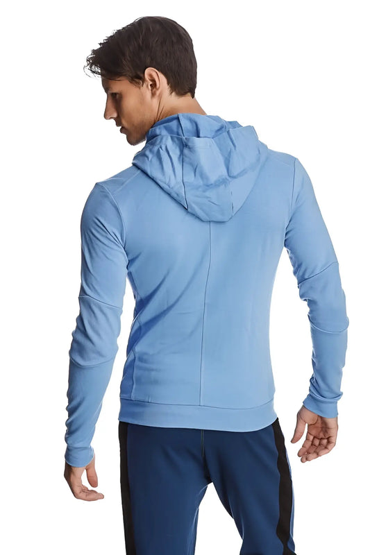 Ice blue long-sleeved hooded zip-up jacket with a sleek athletic cut for yoga and track performance