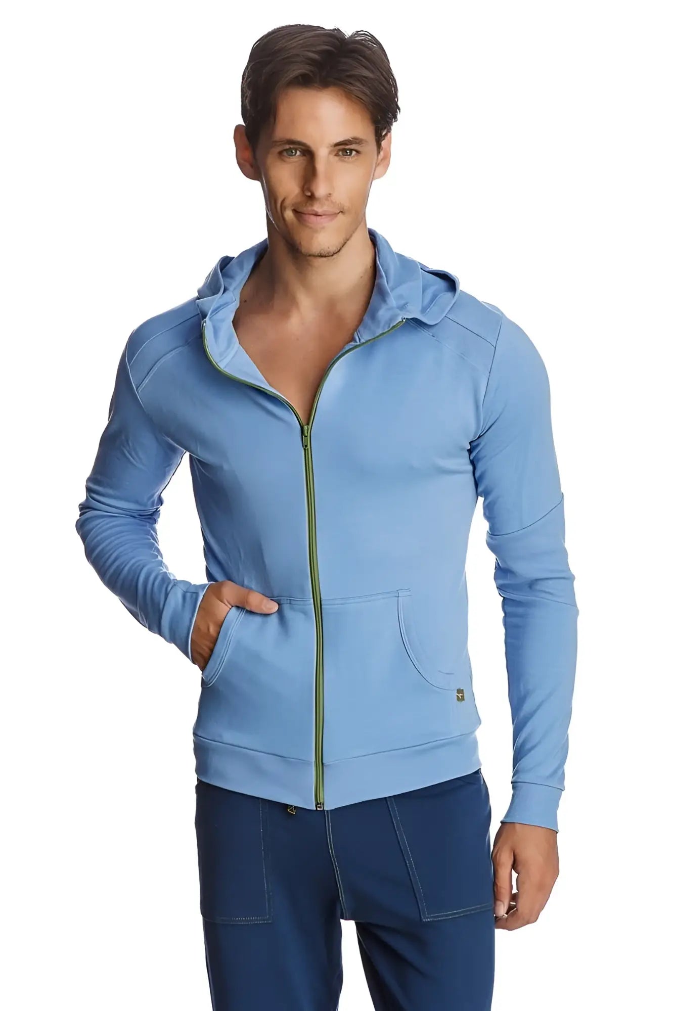 Light blue form-fit crossover yoga track performance hoodie with green zipper trim and front pockets
