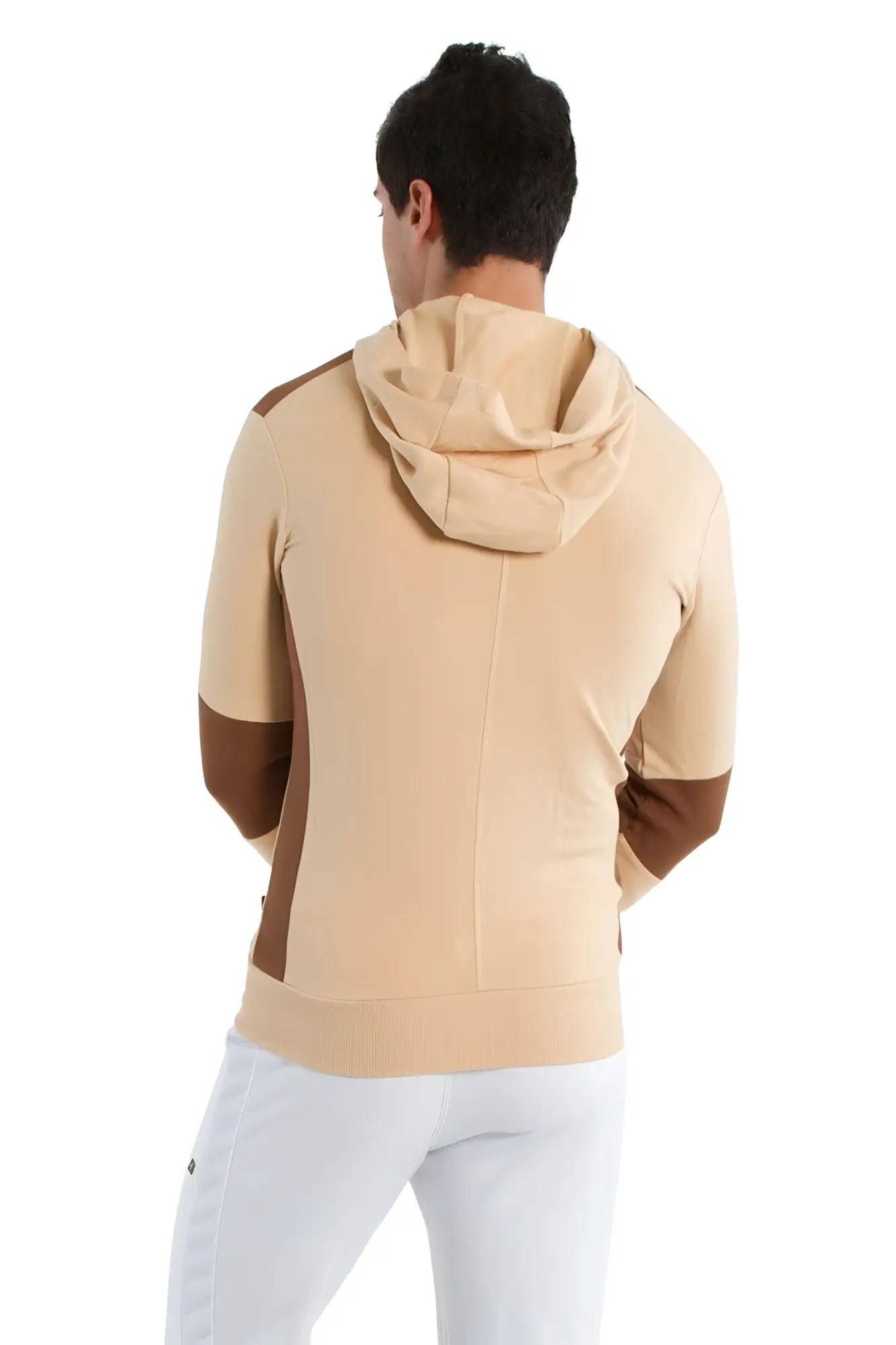 Beige and brown color-blocked form-fit crossover yoga track performance hoodie with sleek modern design