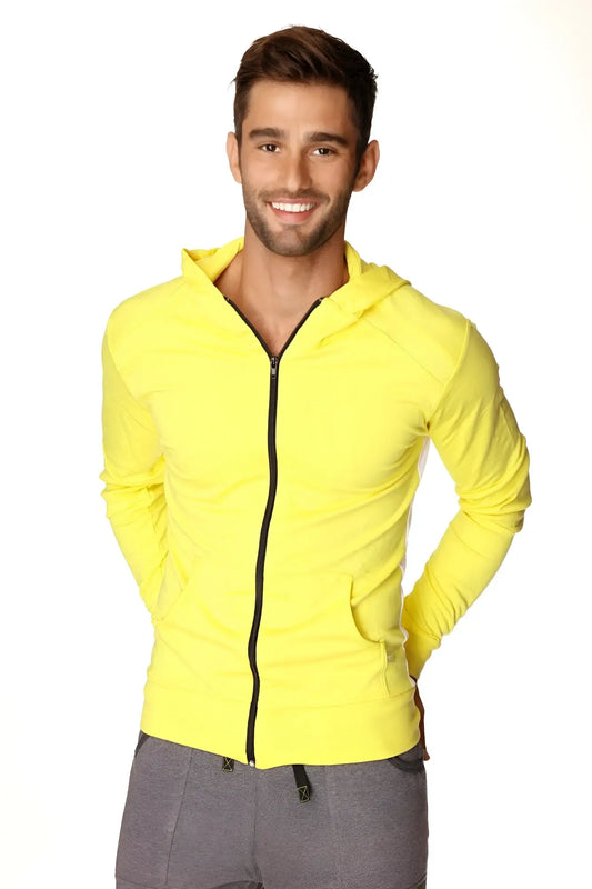 Form-fit crossover yoga track performance hoodie in tropic yellow with black zipper and front pockets for active wear