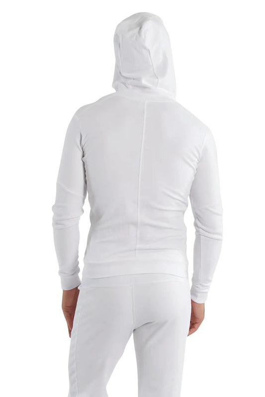 White form-fit crossover yoga track performance hoodie with green zipper sleek design and long sleeves