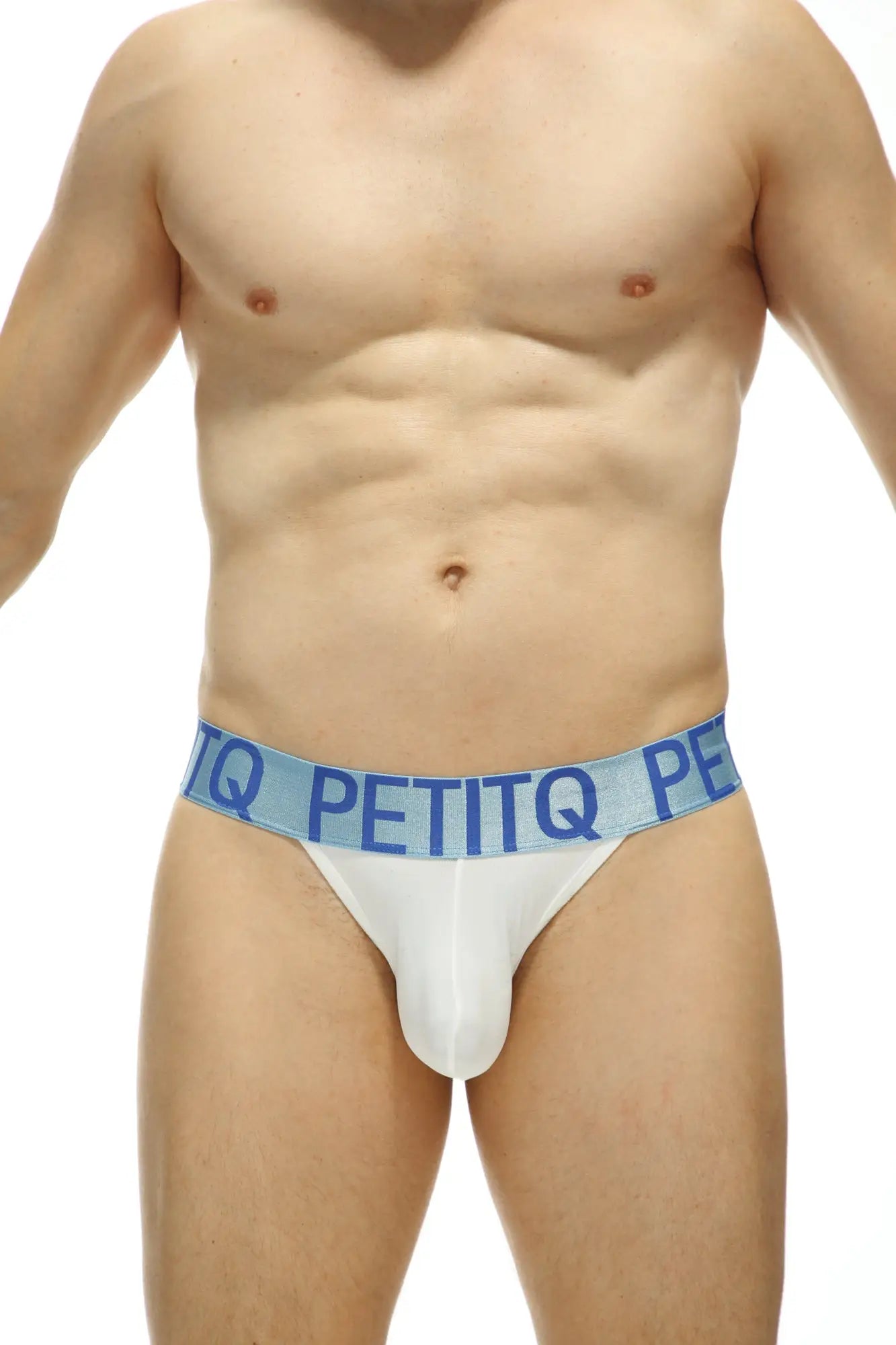 White men’s briefs with a light blue elastic waistband and petitq logo in dark blue made from econyl material