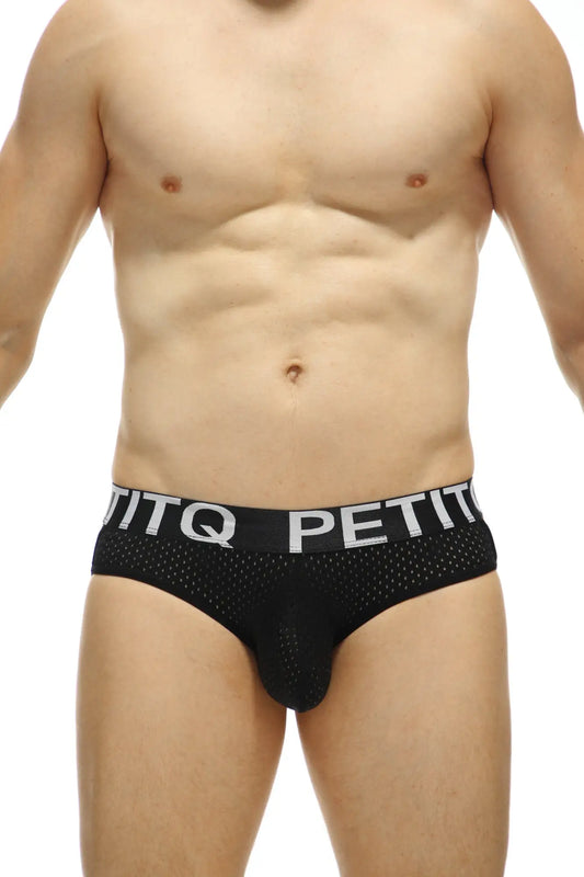 Black mesh g-string briefs with a white petitq logo band in the bard bee black design