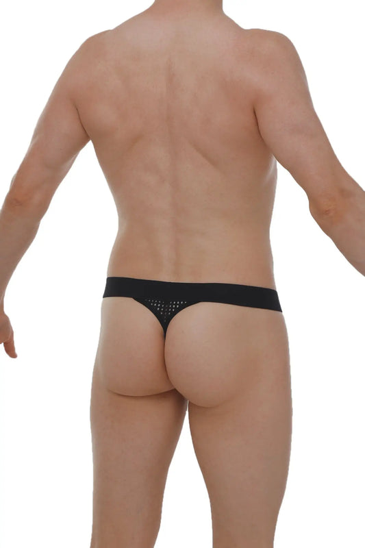 Black g-string chanac durtol with mesh panel and small embellishments shown from the back side