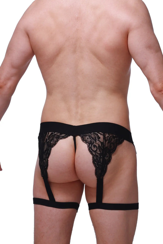 Black lace garter belt with intricate floral patterns and matching straps for g-string lurris black lingerie set