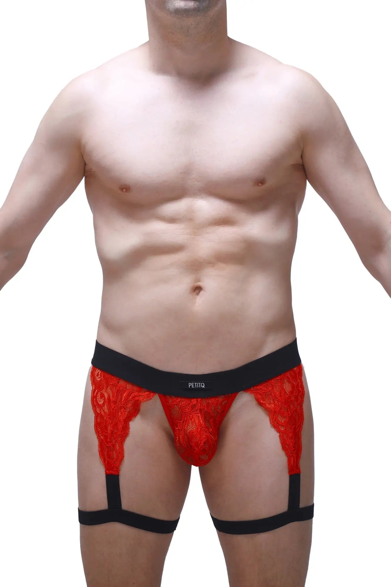 Red lace men’s briefs g-string lurris lace red with bold pattern and black elastic waistband and leg straps