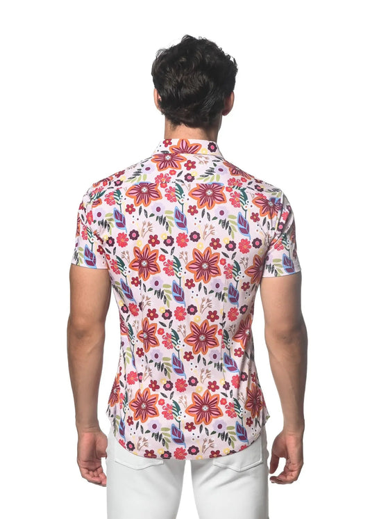 A garden print stretch knit shirt in white with vibrant red and purple floral pattern and green leaves