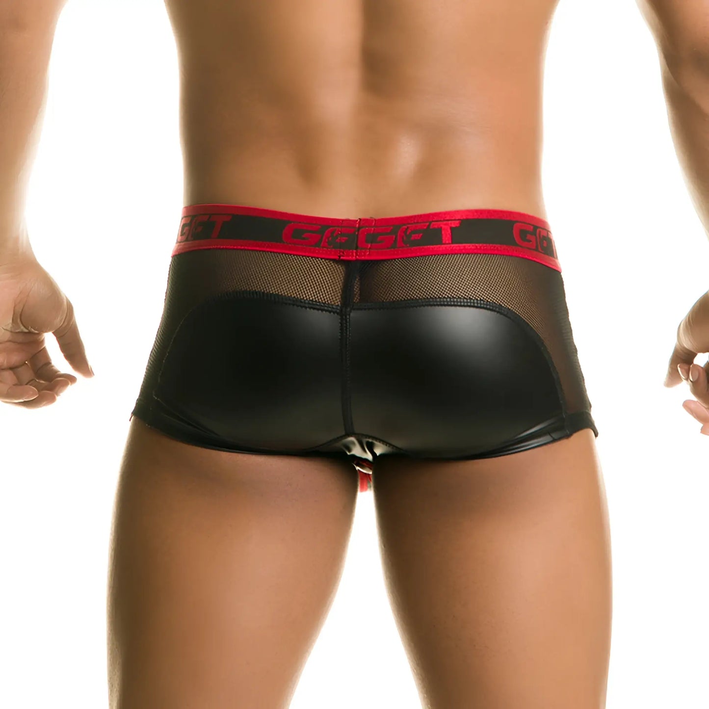 Black faux leather briefs with red elastic waistband featuring gget logo by gigo 1 fetiche red trunk
