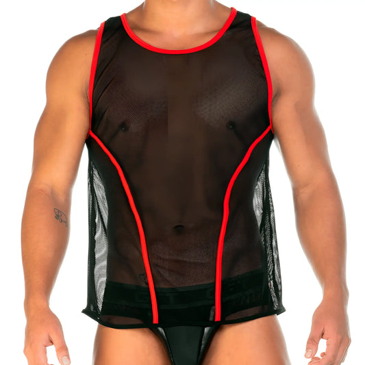 Black mesh tank top with red trim gigo 2 fetiche red tank highlighting breathable material and bold color contrast