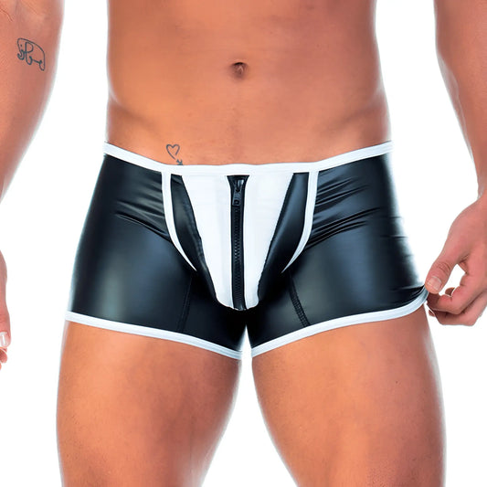 Black and white zip-front briefs with glossy faux-leather finish in Gigo 2 Fetiche white zipper trunk style