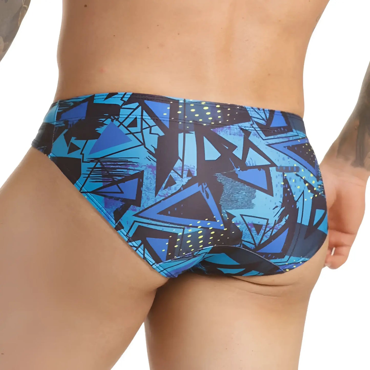Gigo abstract swim brief in blue and black geometric pattern with modern graffiti-inspired design for swimming