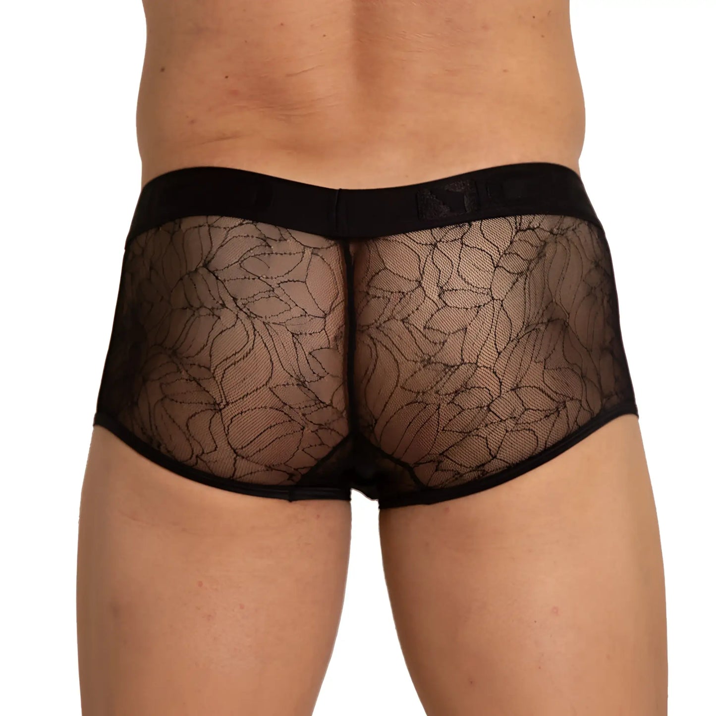 Black lace gigo amazonia trunk briefs with sheer floral pattern and solid black waistband