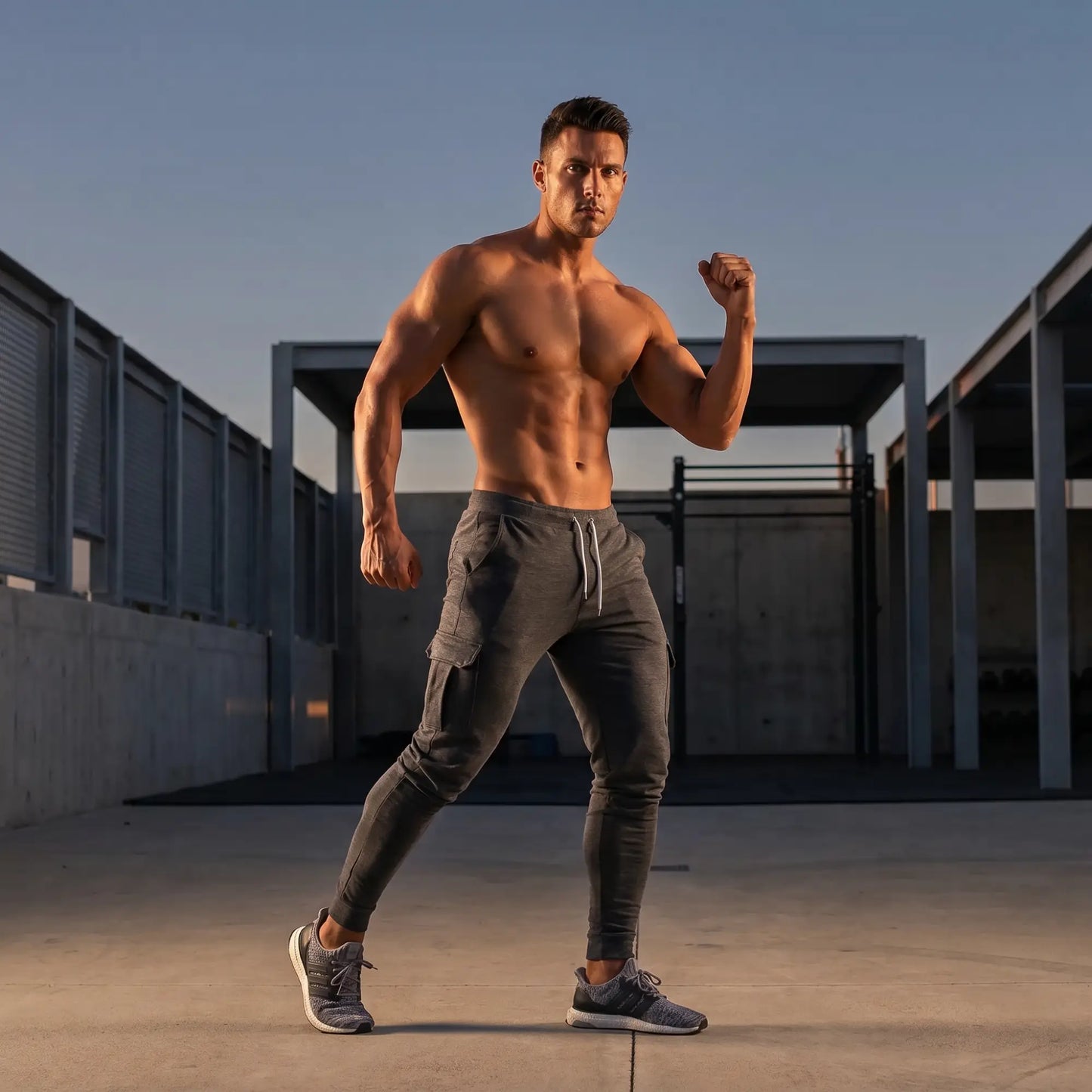 Athletic man in dark gray cargo jogger pants, editorial lifestyle banner for men's athletic pants collection