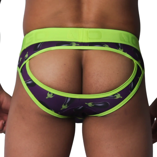 Purple jockstrap with eggplant print, lime green trim, and an open-back design on a thick logo waistband.