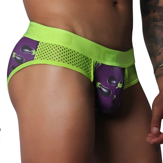 Purple eggplant-print brief with neon green mesh side panels and a wide branded elastic waistband.