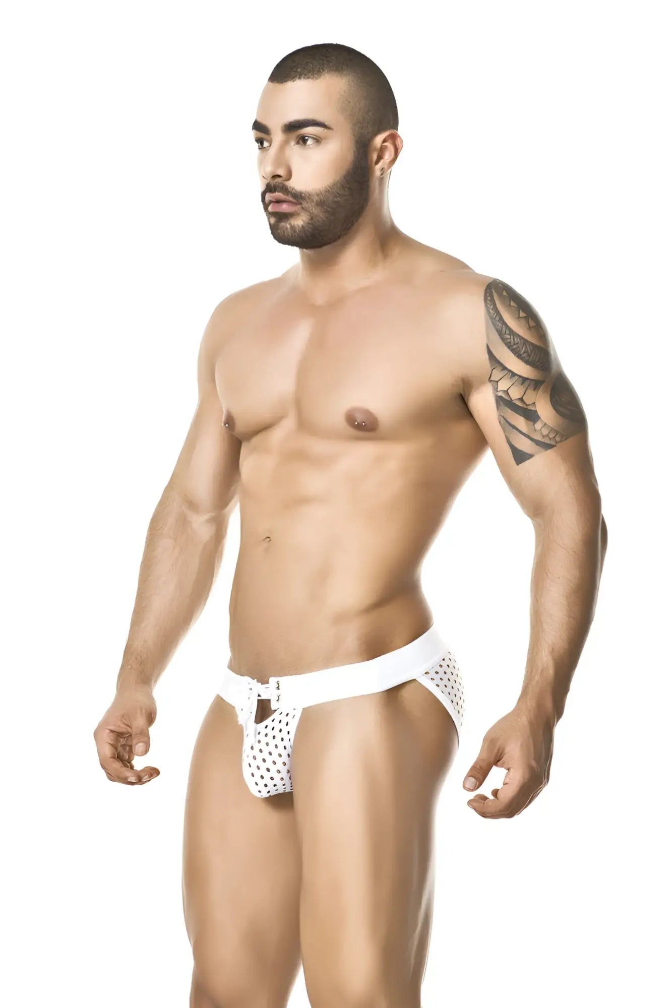 Gigo BASKET white brief underwear with white polka dots, central front closure, and adjustable side straps size M