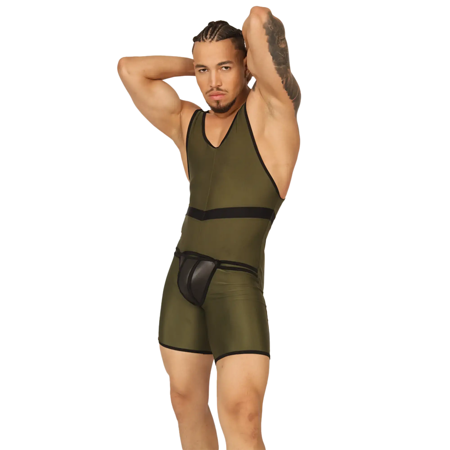Olive green gigo boxing green body athletic singlet with black trim and matching brief-style undergarment set