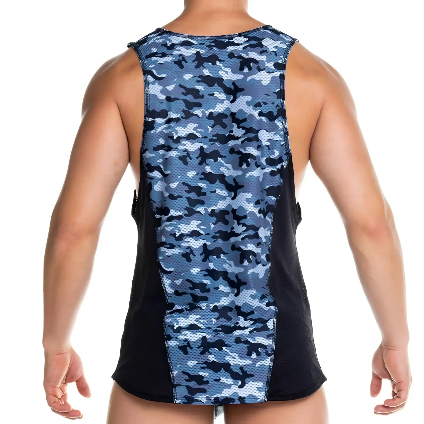 Gigo camo black tank featuring blue and black camouflage mesh with breathable side panels for active wear