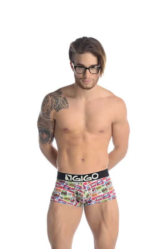 Men’s gigo cartoons short boxer underwear size l with colorful retro comic print and black elastic waistband